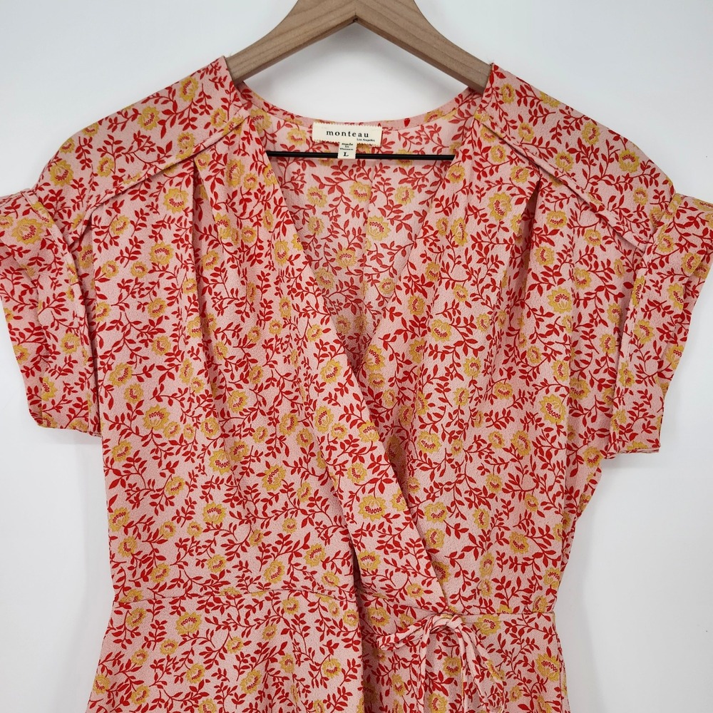 Pink Red Yellow‎ Floral Faux Wrap Top Large Boho Contemporary Colorful Cottage - Picture 3 of 7